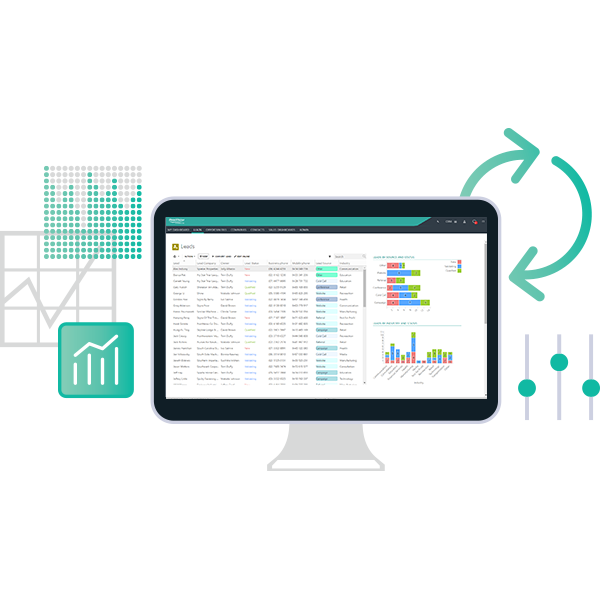 An illustration of a computer screen with a black frame showing the colourful dashboard of the Sales Lifecycle Management.