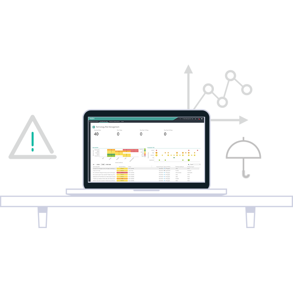 An illustration of an open laptop on a table displaying the colourful dashboard of the crisis management feature showing analytics and reports.