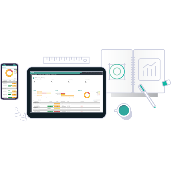 An illustration of an iPad, and an iPhone next to each other showing the colourful dashboard of the CRM software.