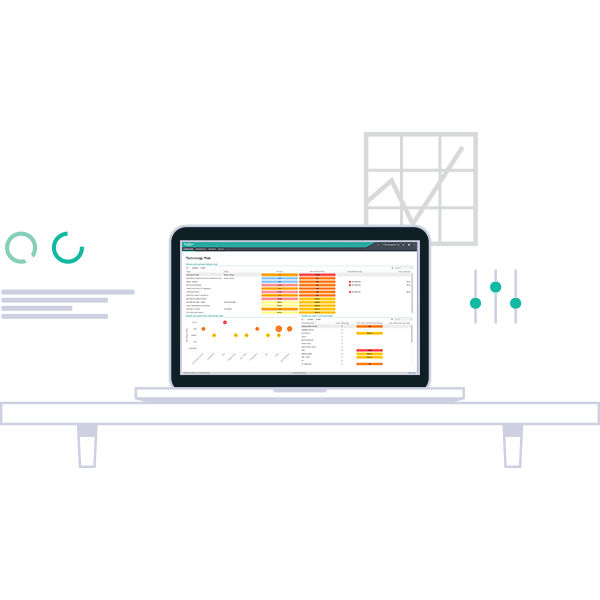 An illustration of an open laptop showing the colourful dashboard of the risk assessment feature that tracks activities.