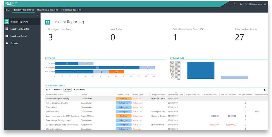 User interface of Incident Reporting of the incident management solution showing event types, status and active loss events.