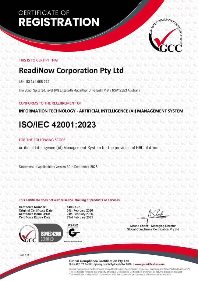 GCC Certificate - ISOIEC 42001 - 1406-AI-2 - ReadiNow Corporation Pty Ltd